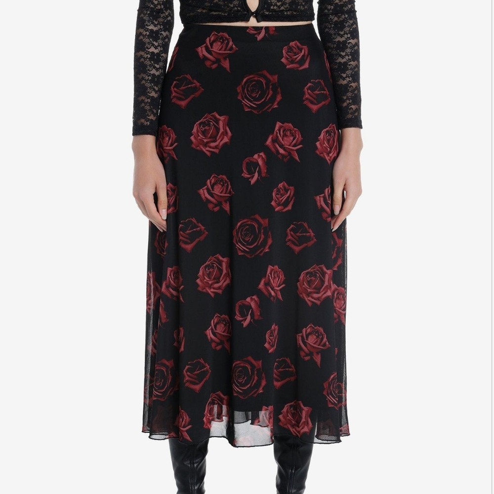 Hot Topic Red Rose Mesh Midi Skirt